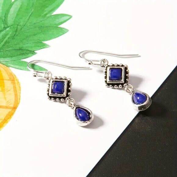 Silver Plated Blue Lapis Lazuli Long Dangle Earrings Teardrop & Diamond Drop New - Picture 2 of 7